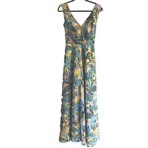 eShakti Fit &amp; Flare Dress M Beige Tropical Multicolor Sleeveless Lined Maxi